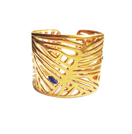 Franki Ryder for Franki & Felix Jewellery. Cala Collection. Gold Cuff Bracelet with Lapis Lazuli marquise shaped gemstones. Geometric ariel views of harbour is the inspiration behind the design and the gemstones are mooring yachts. 
